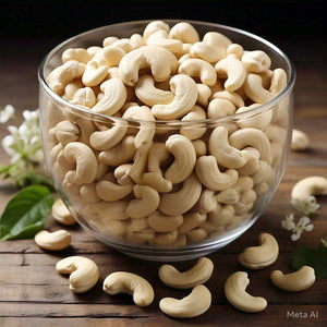 Raw cashew kernels in a glass bowl on a wooden surface.