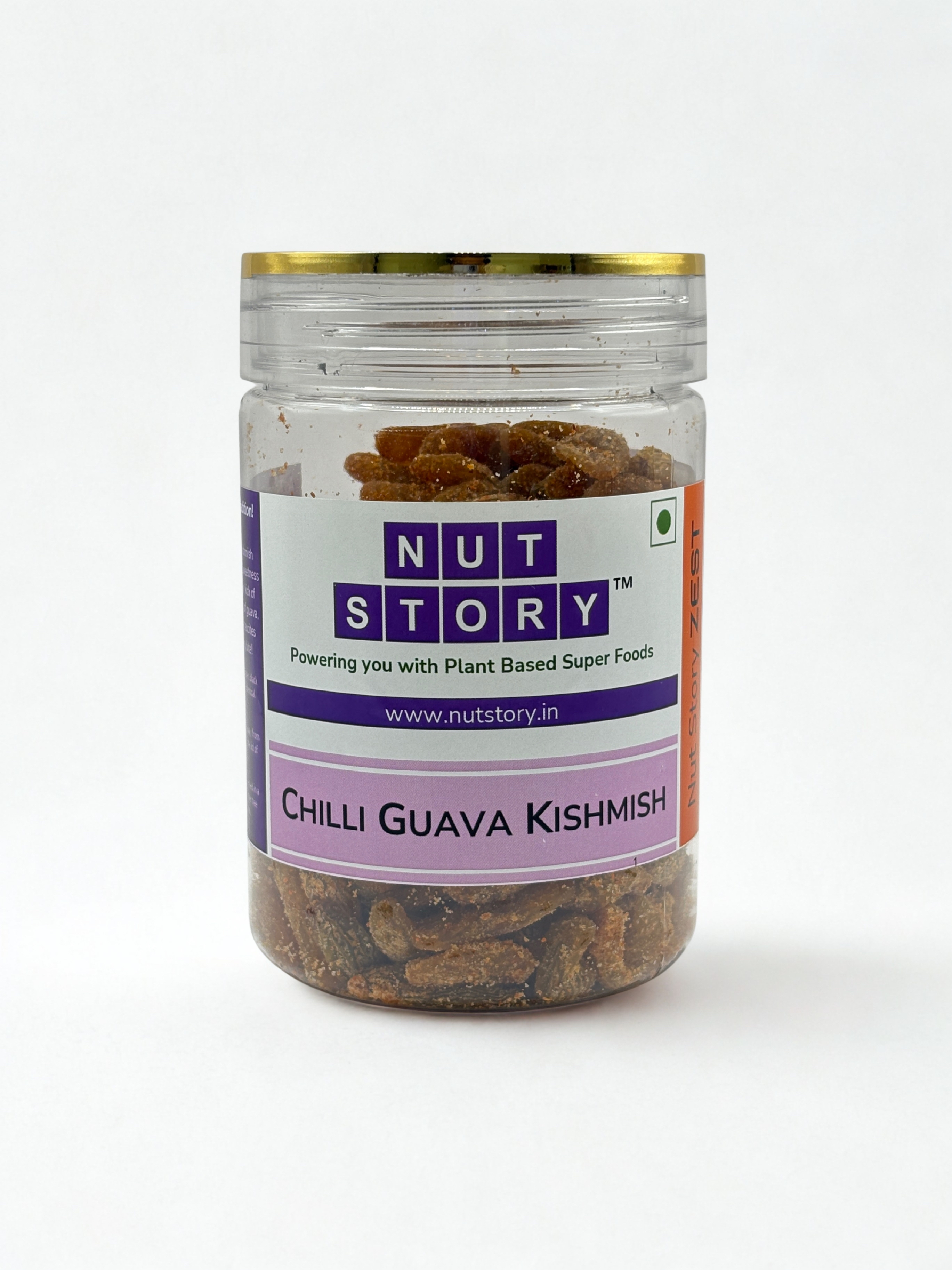 Close-up of Nut Story Chilli Guava Kishmish showing flavour-coated raisins with visible chilli and spice