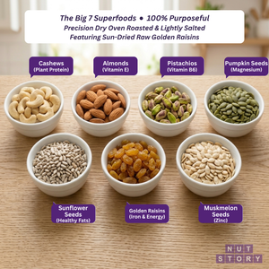 Nuts and seeds used in Daily Wellness Trail Mix in small bowls on a wooden surface with labels.