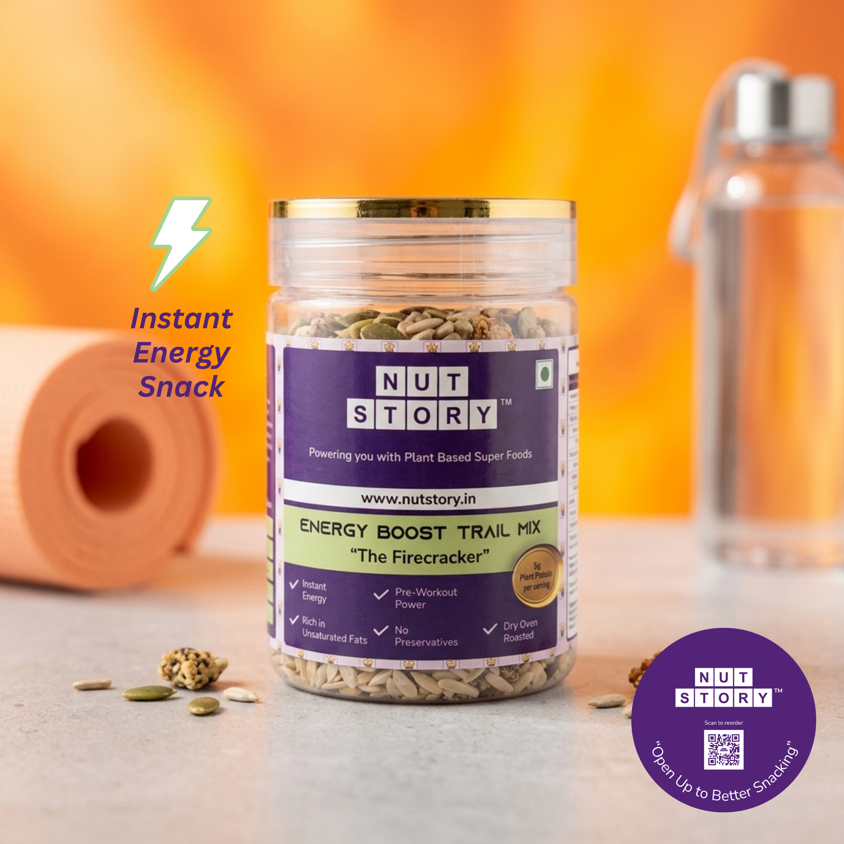 Jar of Nut Story energy boost trail mix with a blurred background