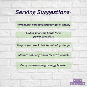 Text on a white brick wall background with serving suggestions for a product, branded as 'NUT STORY'.