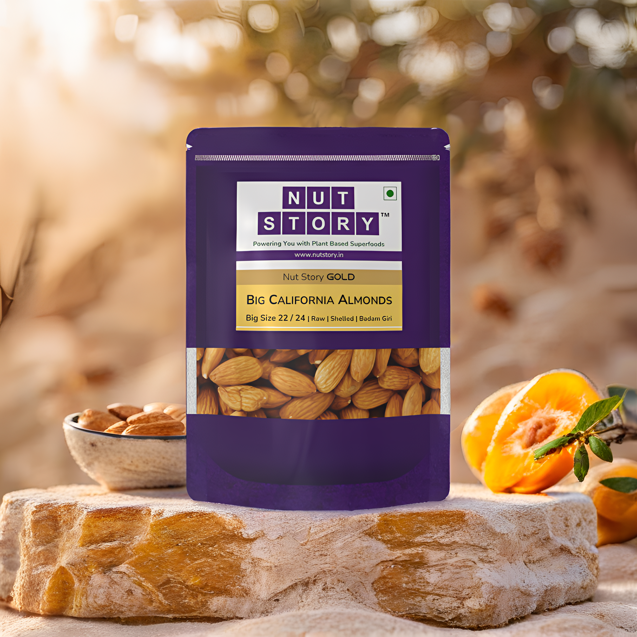 Nut Story Gold Big California Almonds 22/24 — premium raw almond kernels in a zip-sealed pouch