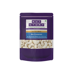 Nut Story Gold Cashews W210 pouch with nutritional highlights on a clean background