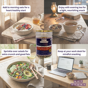 Collage of Nut Story product usage scenarios including morning oats, evening tea, salads, and work desk.