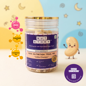 Nut Story Kids Nutrition Trail Mix jar with cartoon cashew character and nutritional benefits on a colorful background
