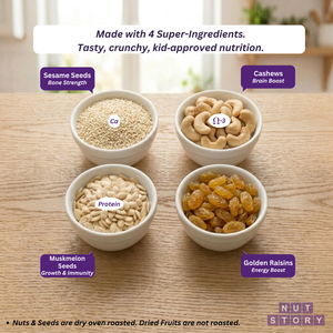 Four bowls of sesame seeds, cashews, muskmelon seeds, and golden raisins on a wooden table with text about super-ingredients.