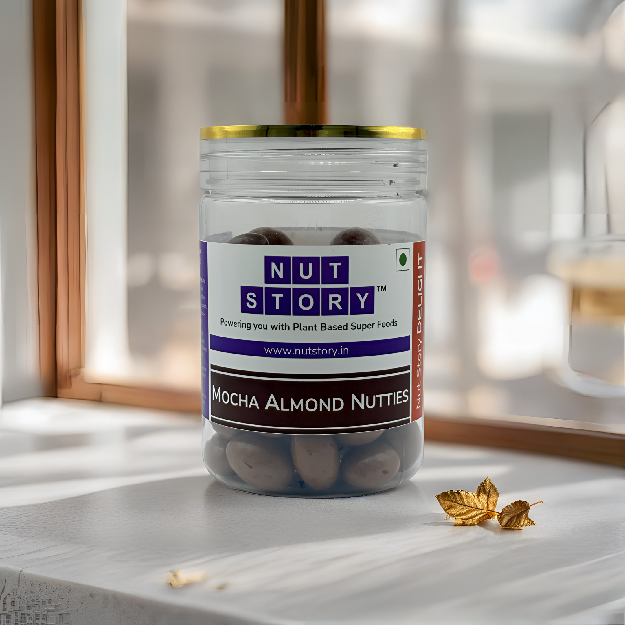 Nut Story Delight Mocha Almond Nutties jar — chocolate-enrobed roasted almonds with mocha coffee flavour