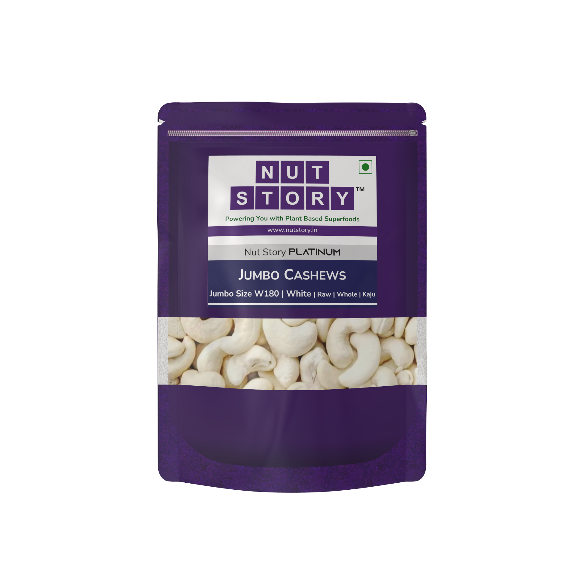Purple pouch of Nut Story Platinum Jumbo Cashews front of pack on a white background