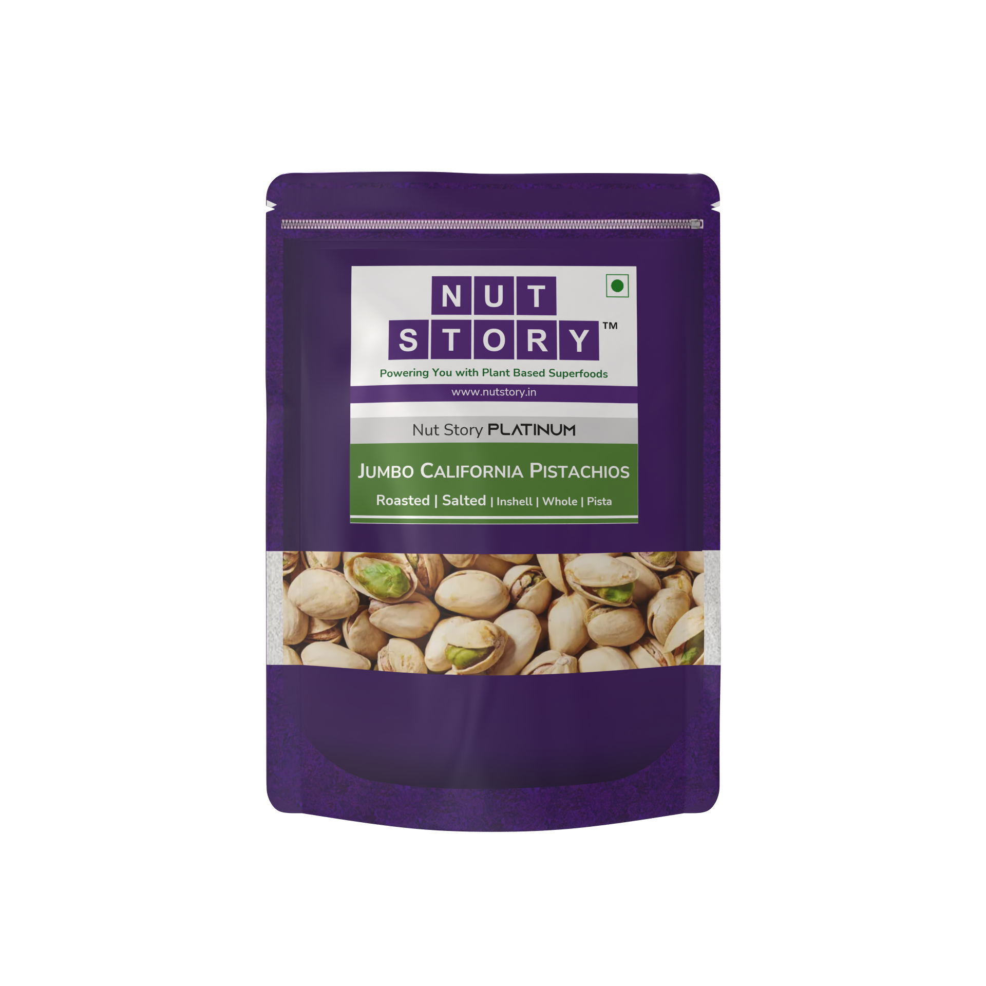 Purple packaging of Nut Story Jumbo California Pistachios on a white background