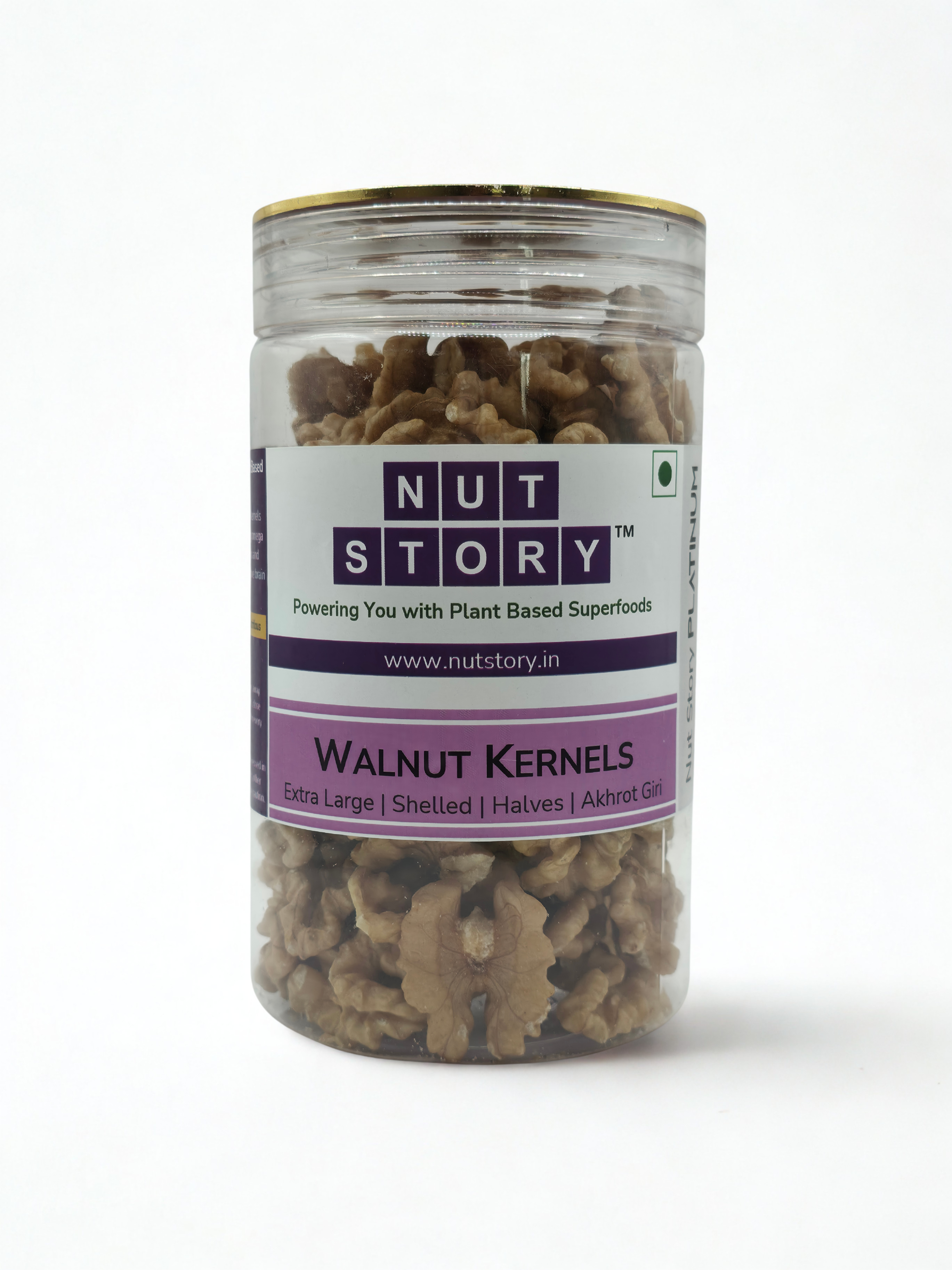 Nut Story Platinum Walnuts jar — back label showing nutritional information