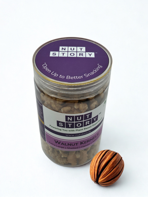Nut Story Platinum Walnuts — Extra-Large Light Golden Halves in transparent jar with gold lid