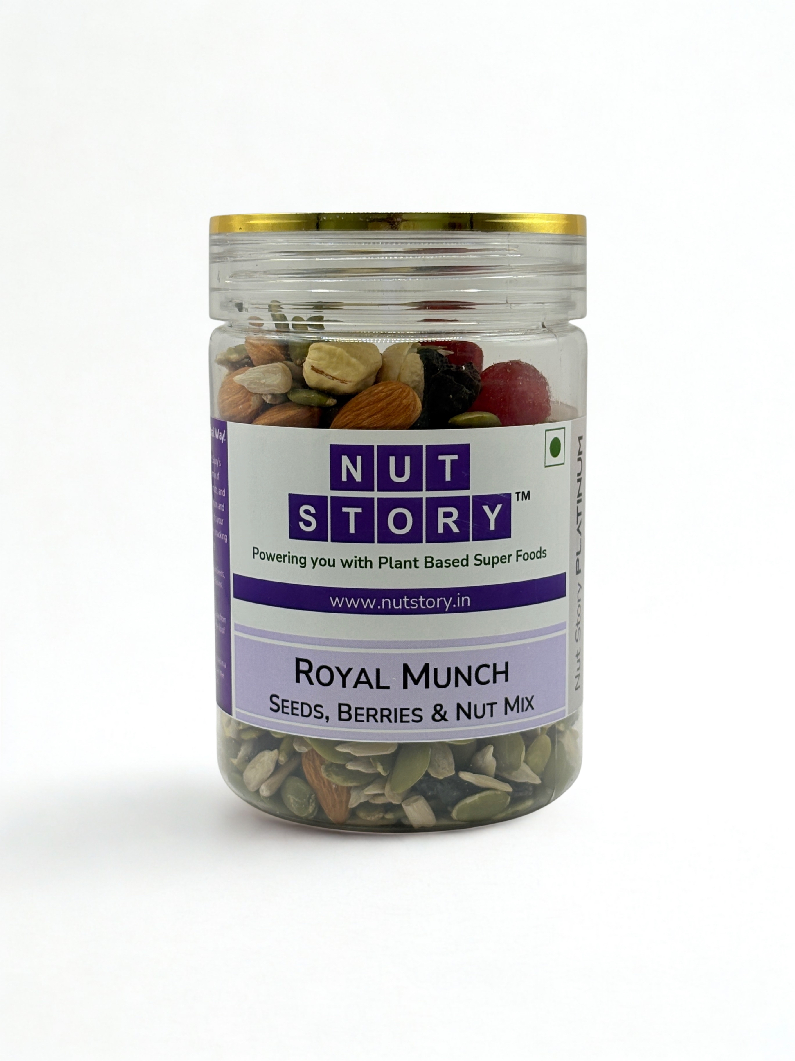 Close-up of Nut Story Royal Munch ingredients showing dried cherries, black raisins, almonds and seeds