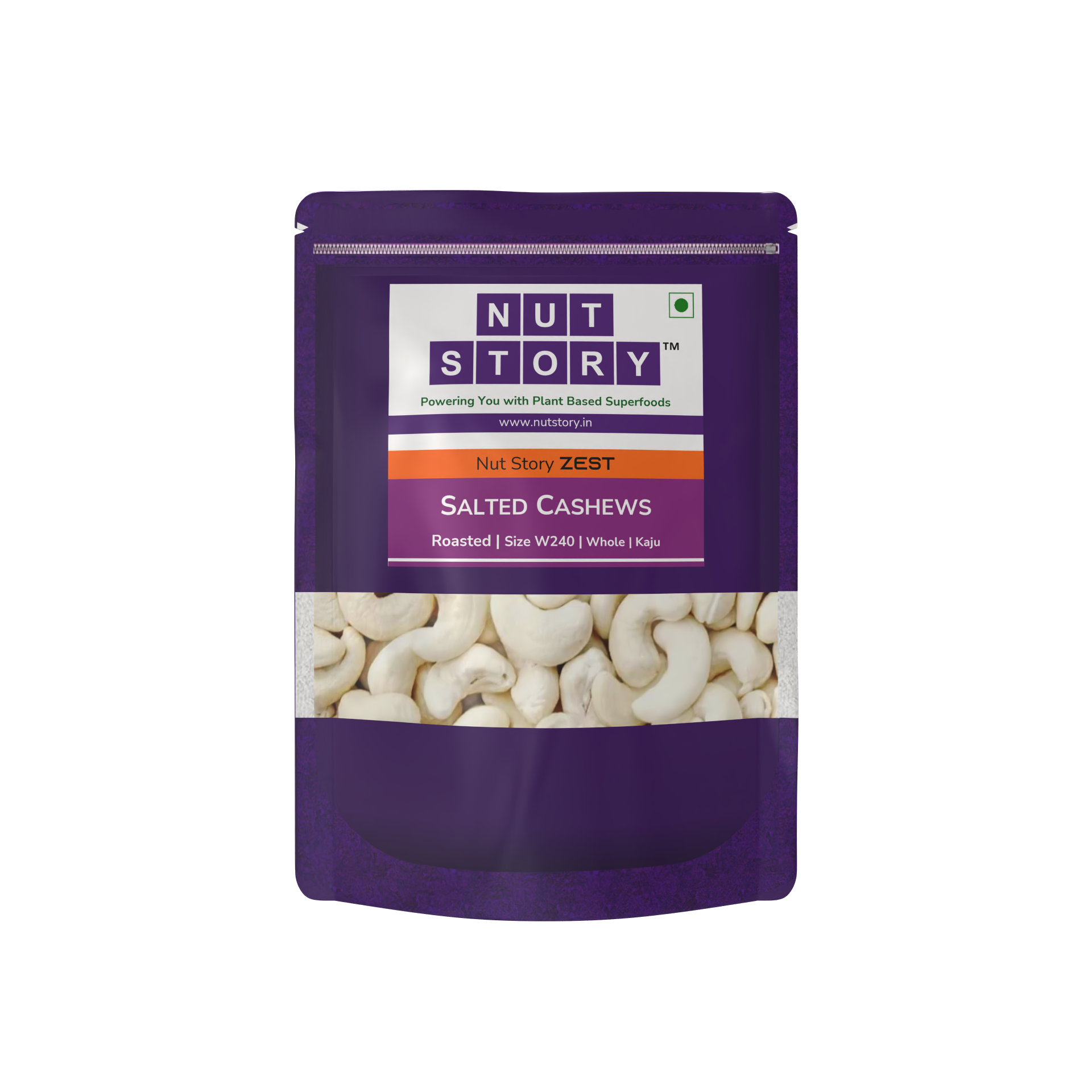 Close-up of Nut Story Zest Salted Cashews showing whole W240 kernels with bonded light salt seasoning
