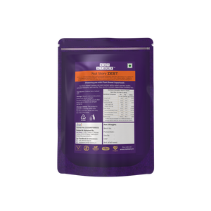 Nut Story Zest Salted Cashews pouch with nutritional highlights on an orange and white background