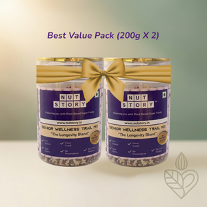Two jars of Nut Story Senior Wellness Trail Mix with a gold bow on a light background