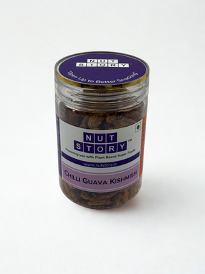 Nut Story Zest Chilli Guava Kishmish jar with flavour layers breakdown on a bold orange background