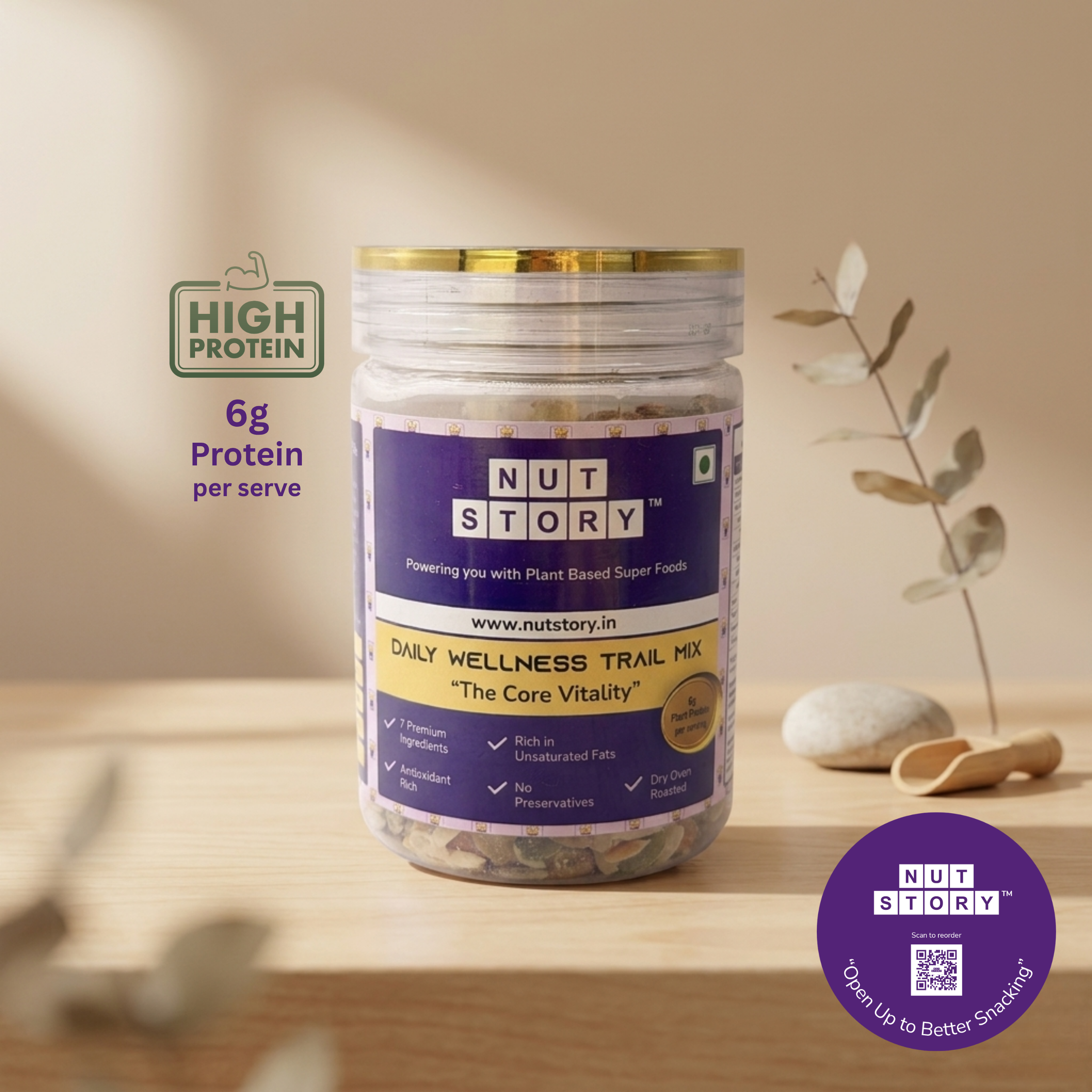 Jar of NutStory Daily Wellness Trail Mix with visible label on a cream background