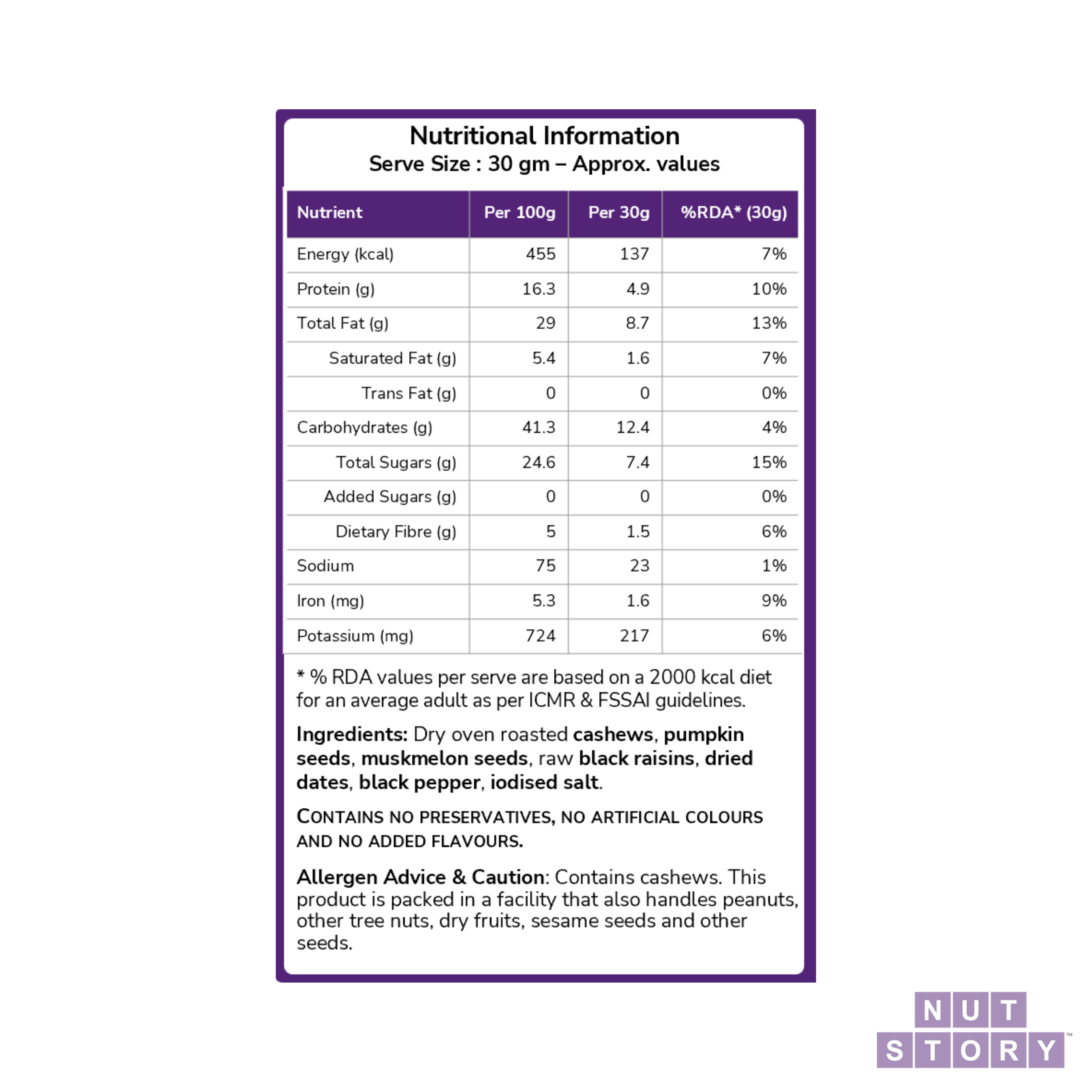 Nutritional information label for a food product with a purple border on a white background