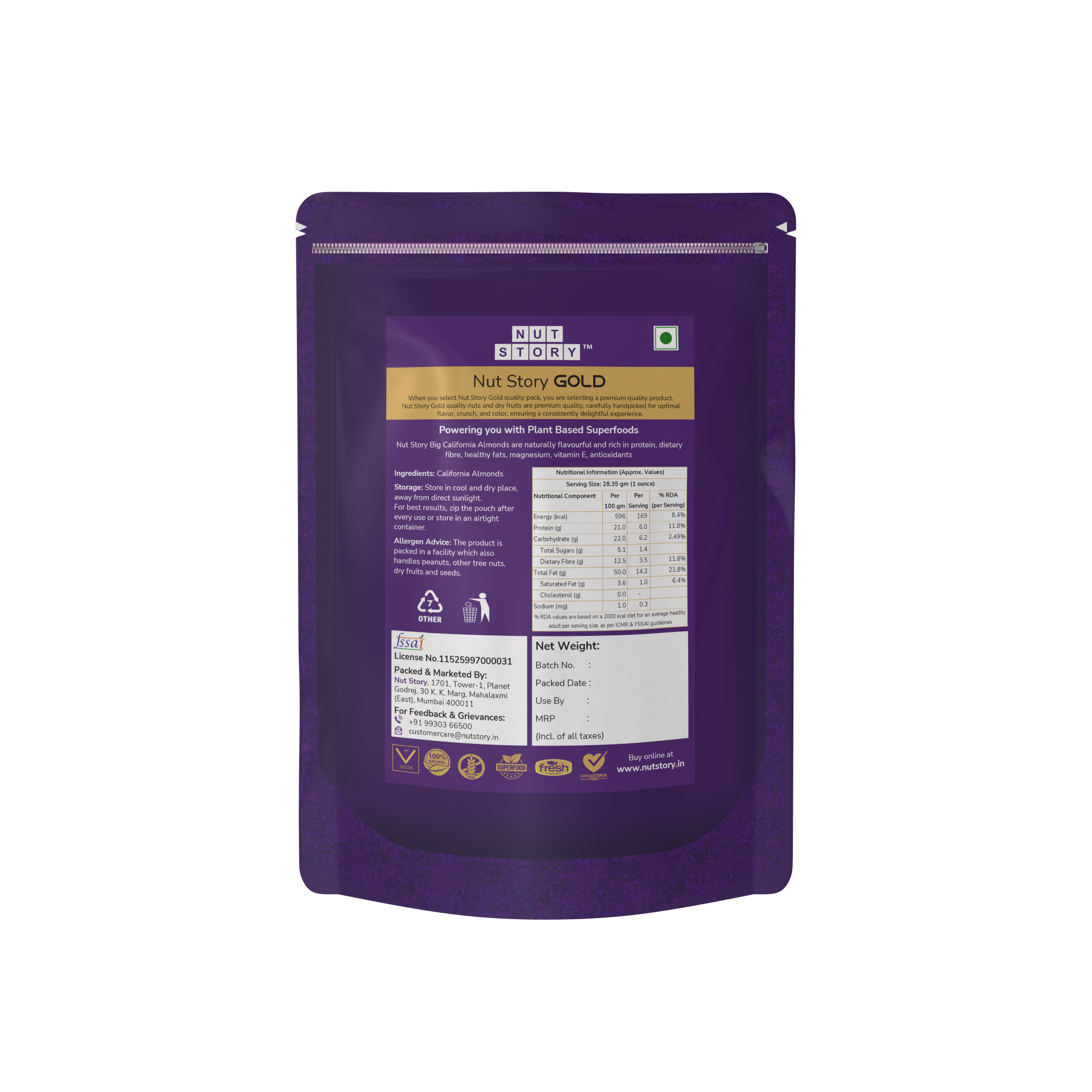 Nut Story Gold California Almonds 22/24 pouch with nutritional highlights on a clean background