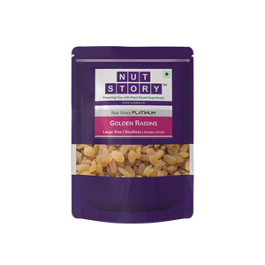 Nut Story Platinum Golden Raisins pouch — back of pack with nutritional label