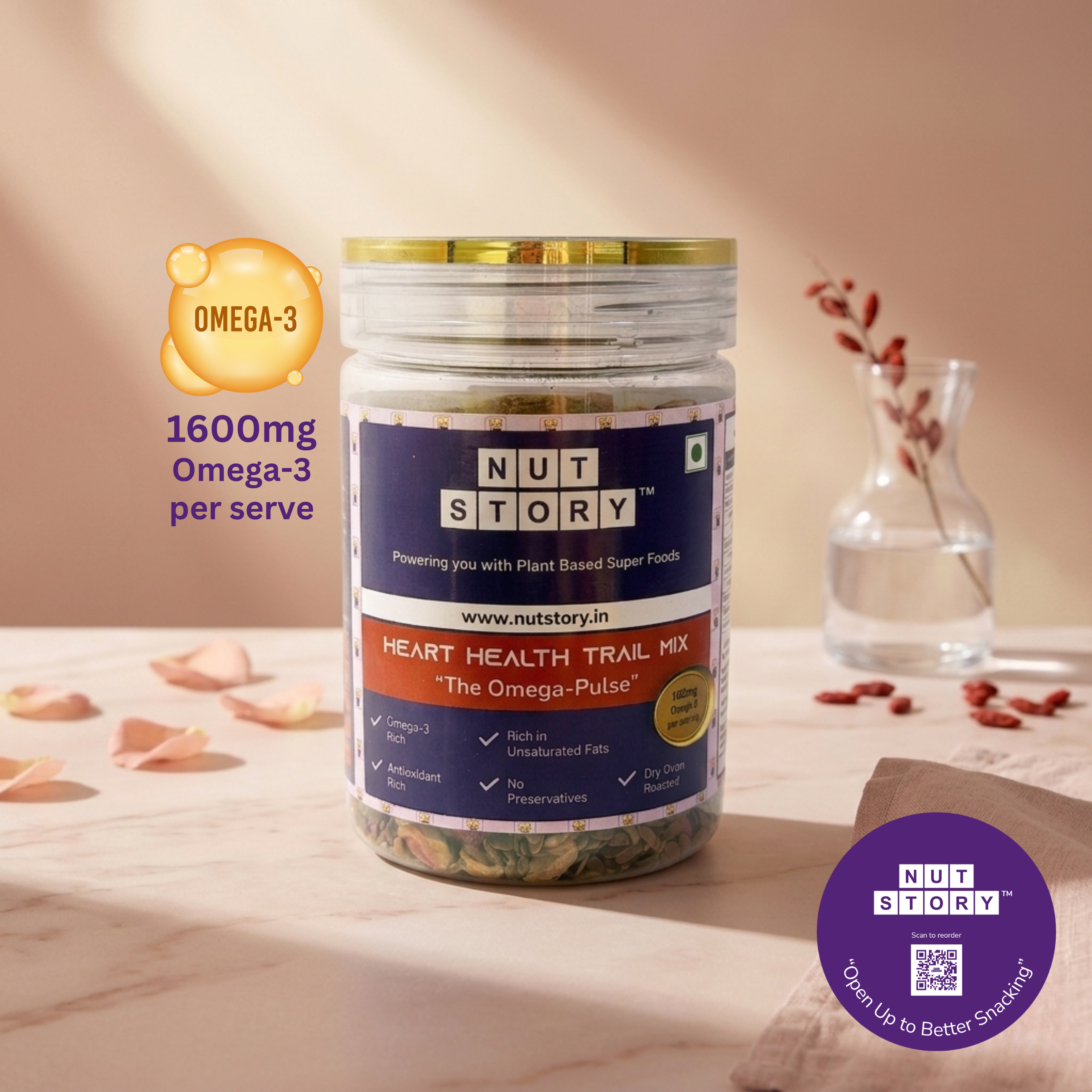 Nut Story heart health trail mix jar with visible Omega-3 label on a soft background