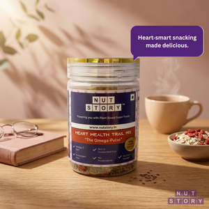Jar of Nut Story heart health trail mix on a table with a cup and bowl in the background.