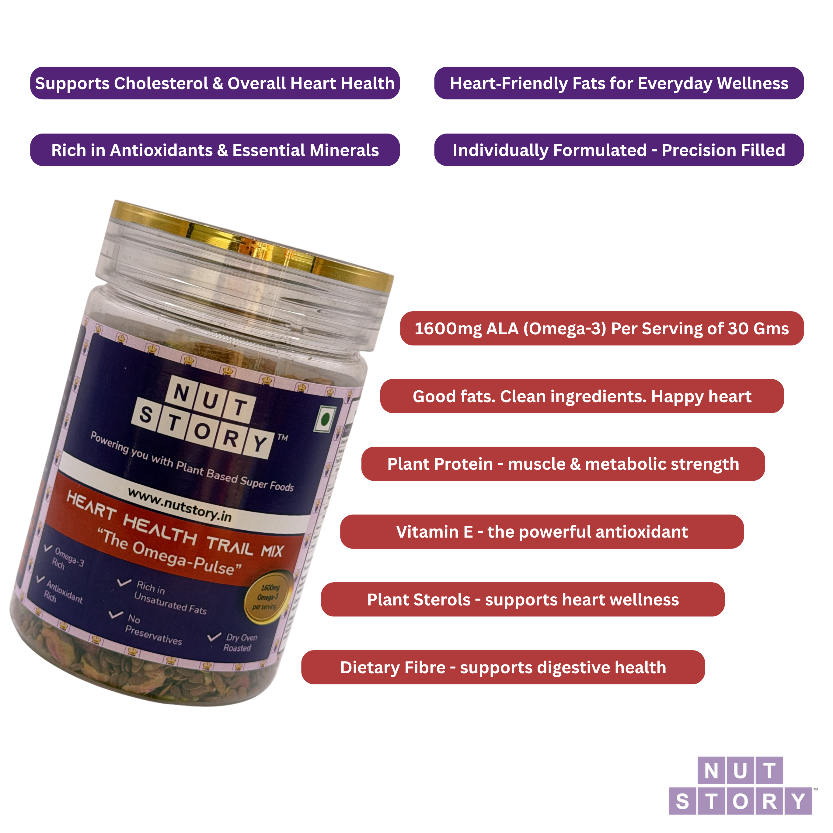 Nut Story heart health trail mix jar with health benefits listed on a white background