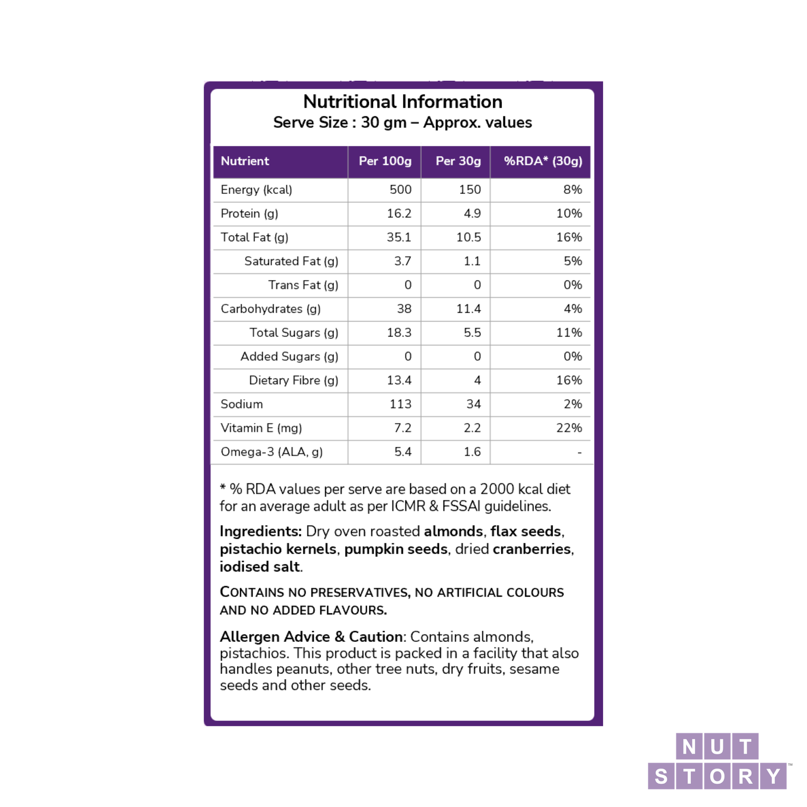 Nutritional information label of Heart Health Trail Mix with purple border on a white background
