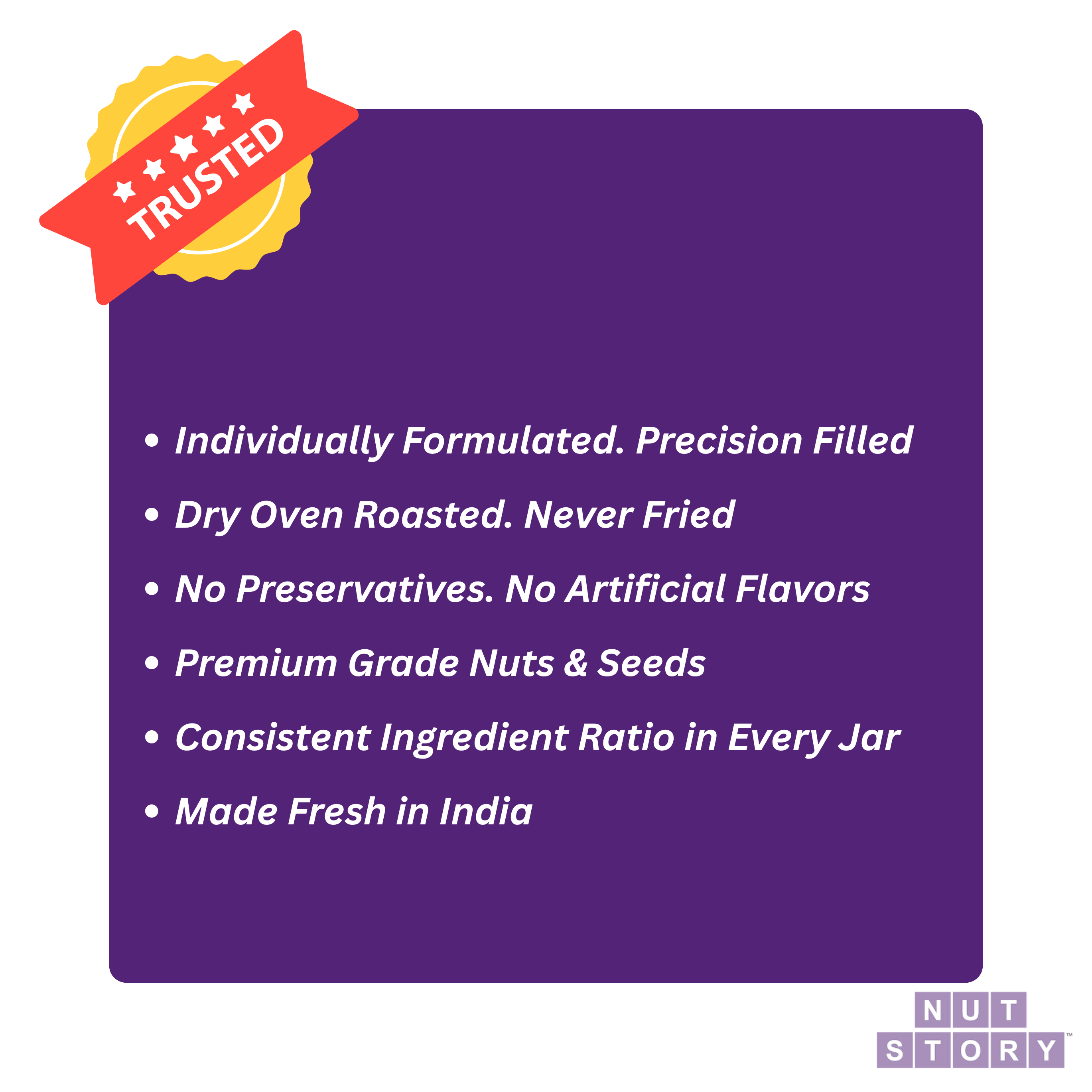 Purple background with white text listing product features and a 'Trusted' badge on the left.