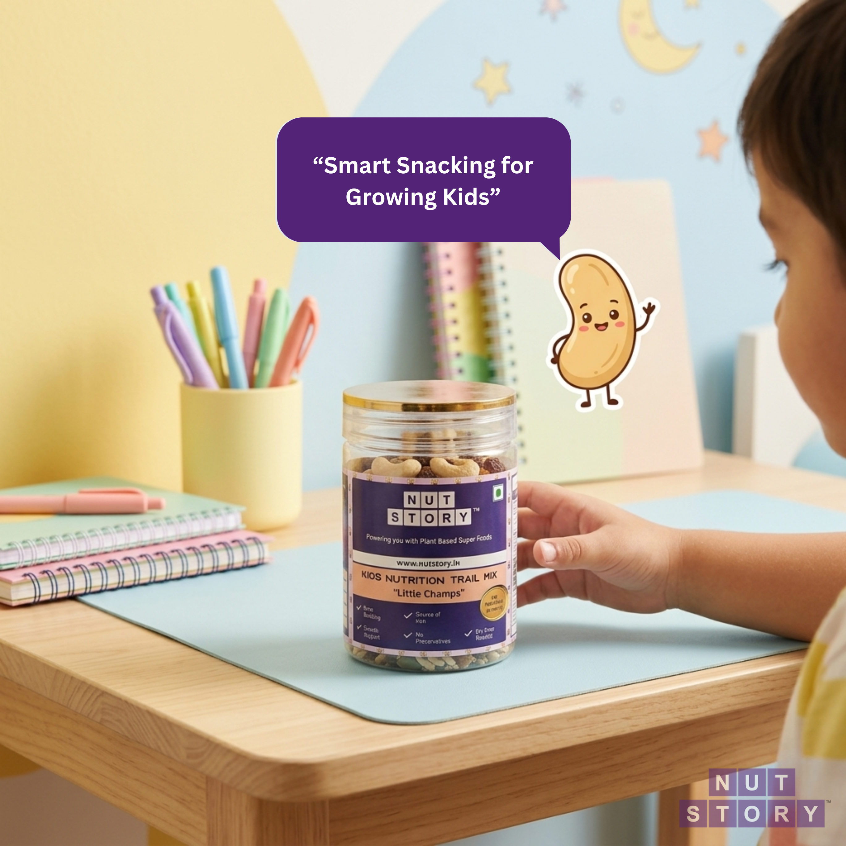 Child holding a jar of Nut Story Kids Nutrition Trail Mix at a table with stationery items.