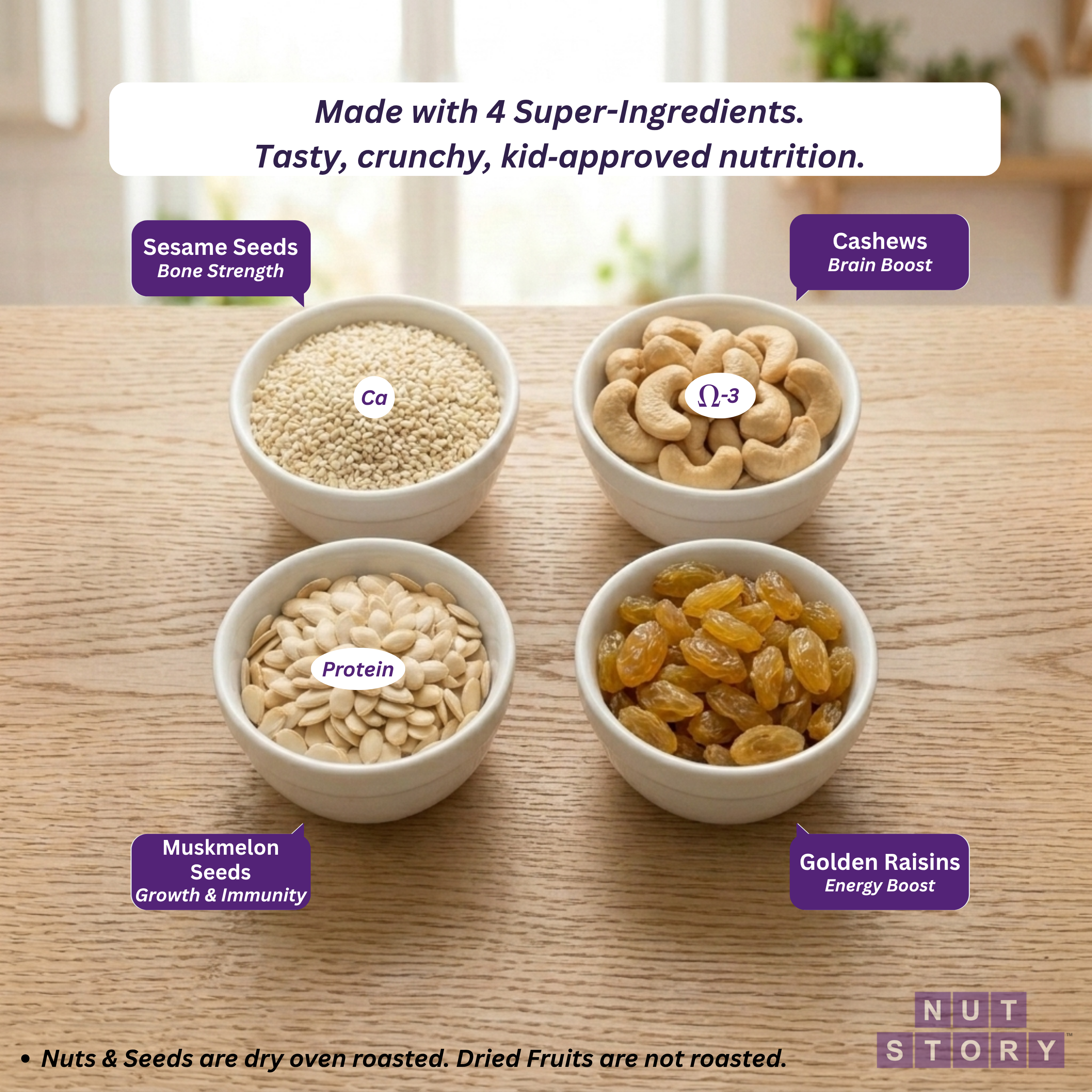 Four bowls of sesame seeds, cashews, muskmelon seeds, and golden raisins on a wooden table with text about super-ingredients.