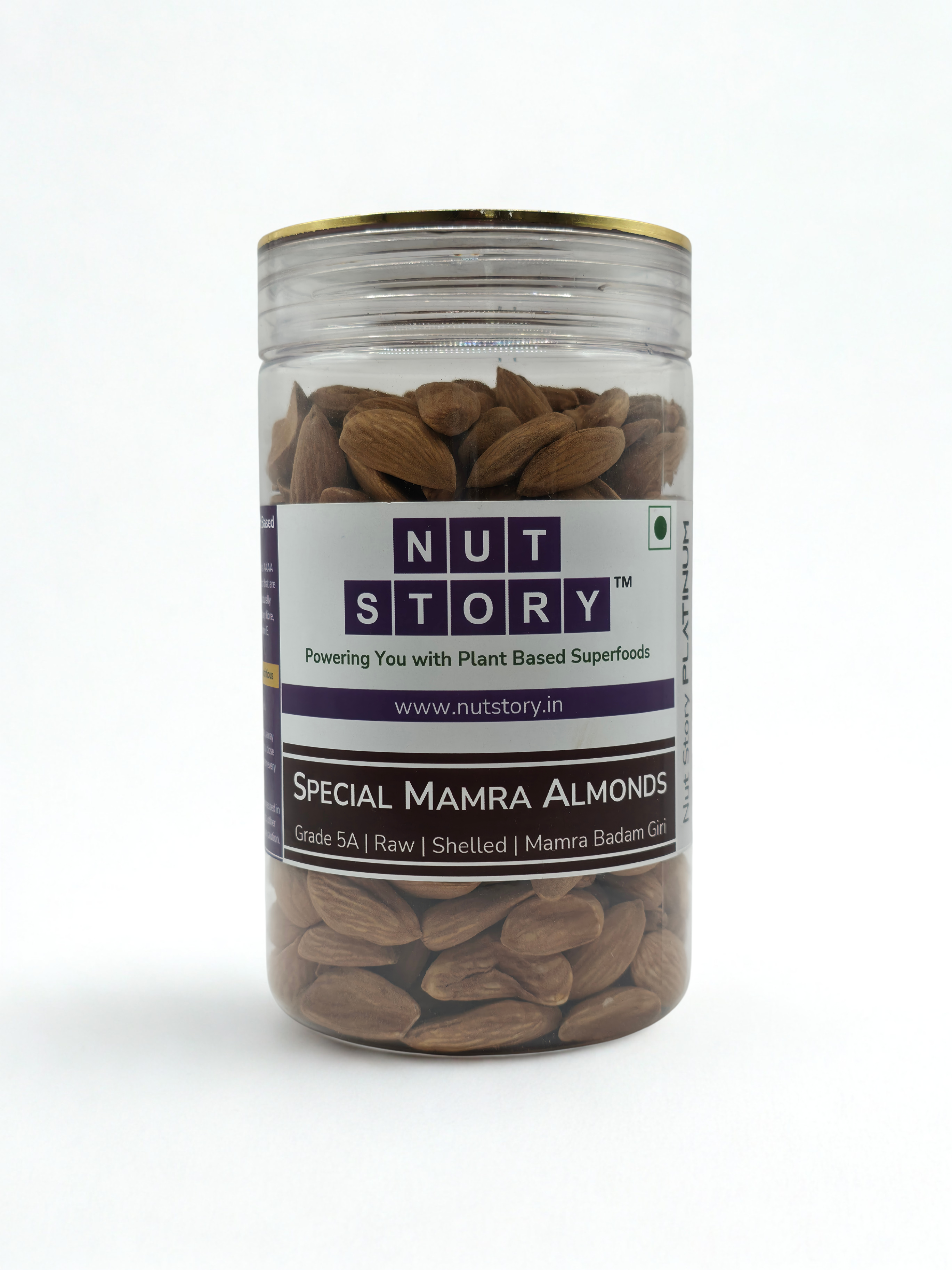 Nut Story Platinum Mamra Almonds 400g jar — back label with nutritional information