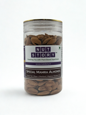 Nut Story Platinum Mamra Almonds 400g jar — back label with nutritional information