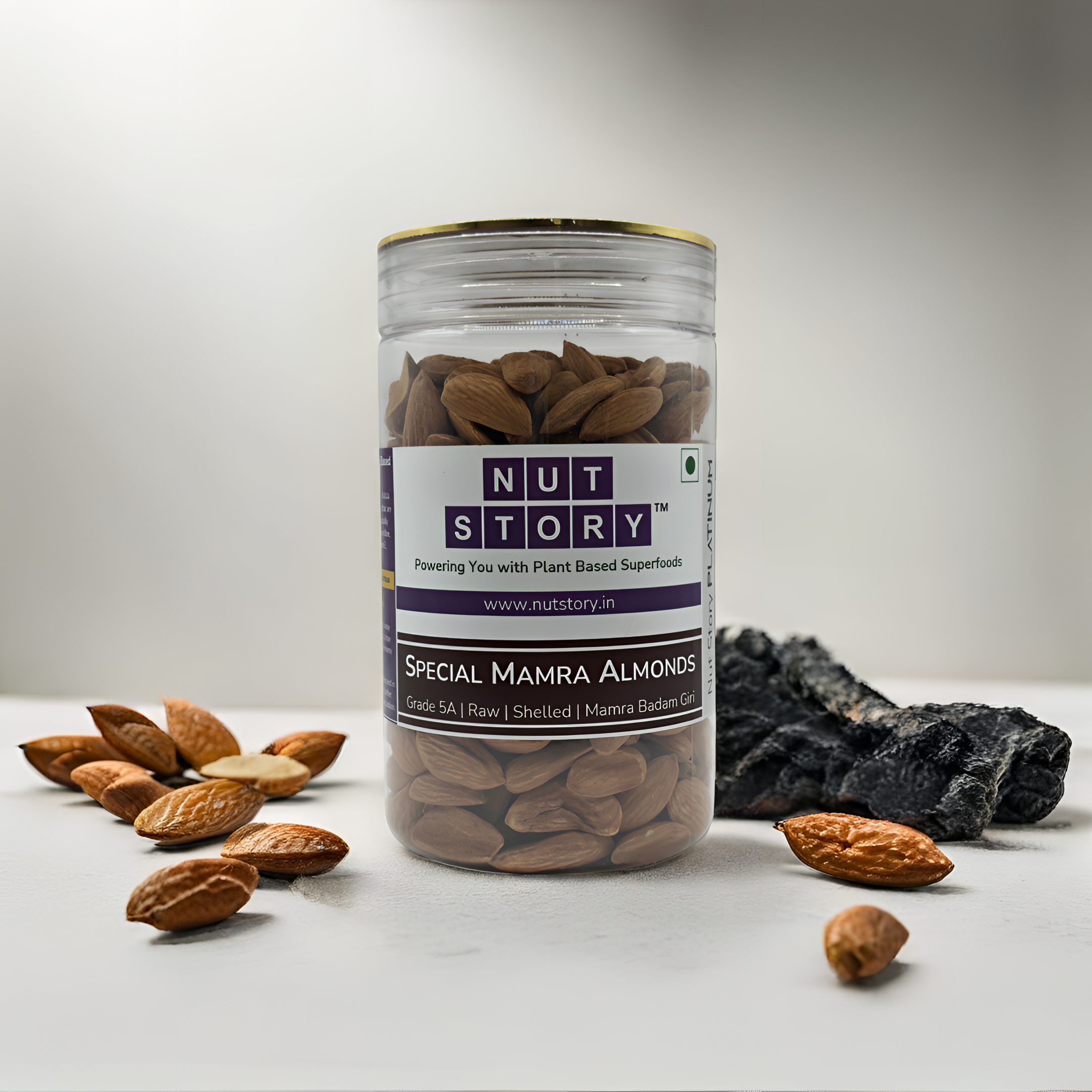 Nut Story Platinum Mamra Almonds 400g — 5A Grade Iranian Mamra Badam jar, front view