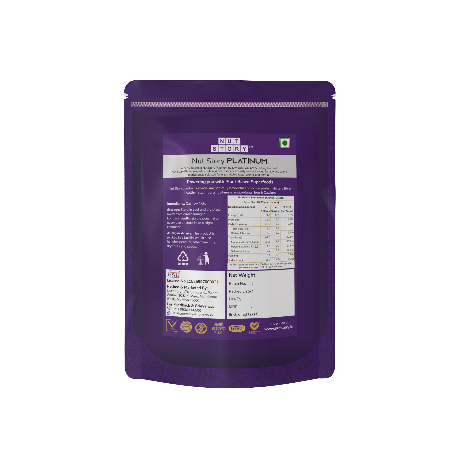 Purple pouch of Nut Story Platinum Jumbo Cashews back of pack on a white background