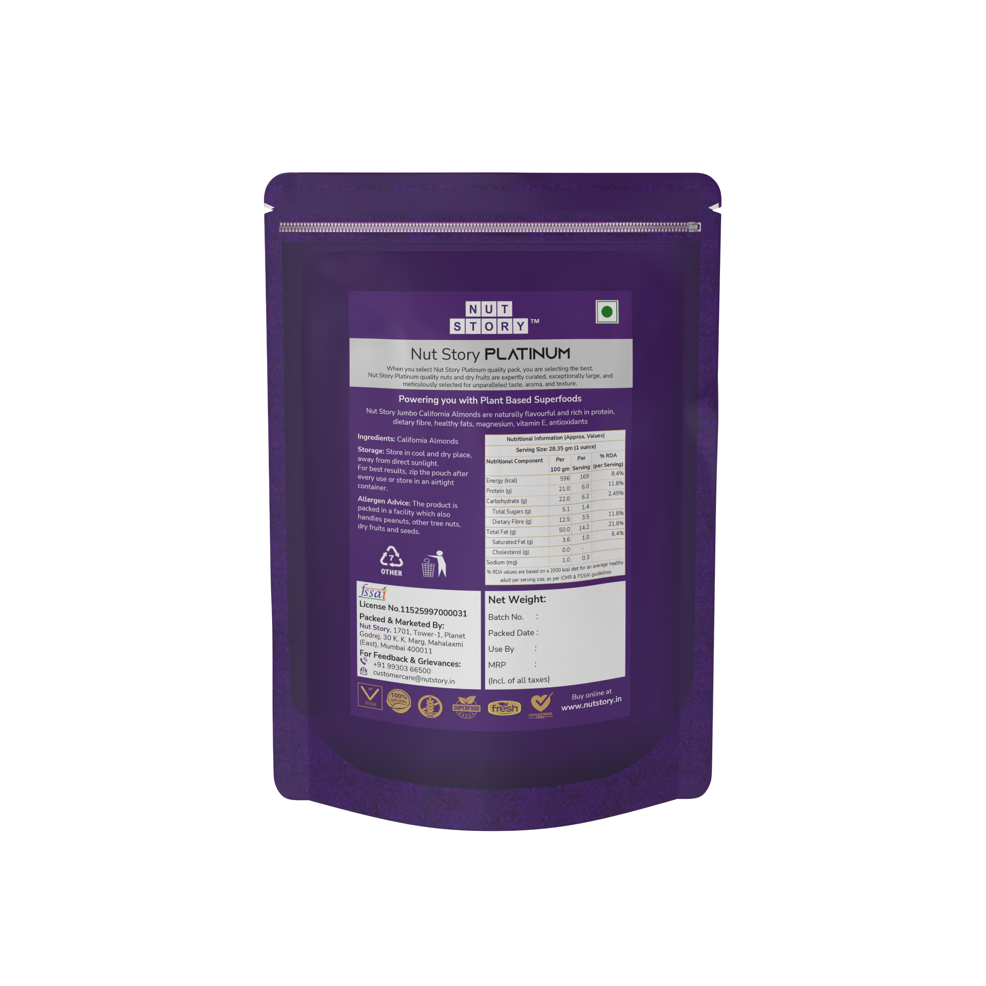 Purple Back of package of Nut Story Nut Stax Platinum on a white background