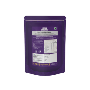 Purple Back of package of Nut Story Nut Stax Platinum on a white background