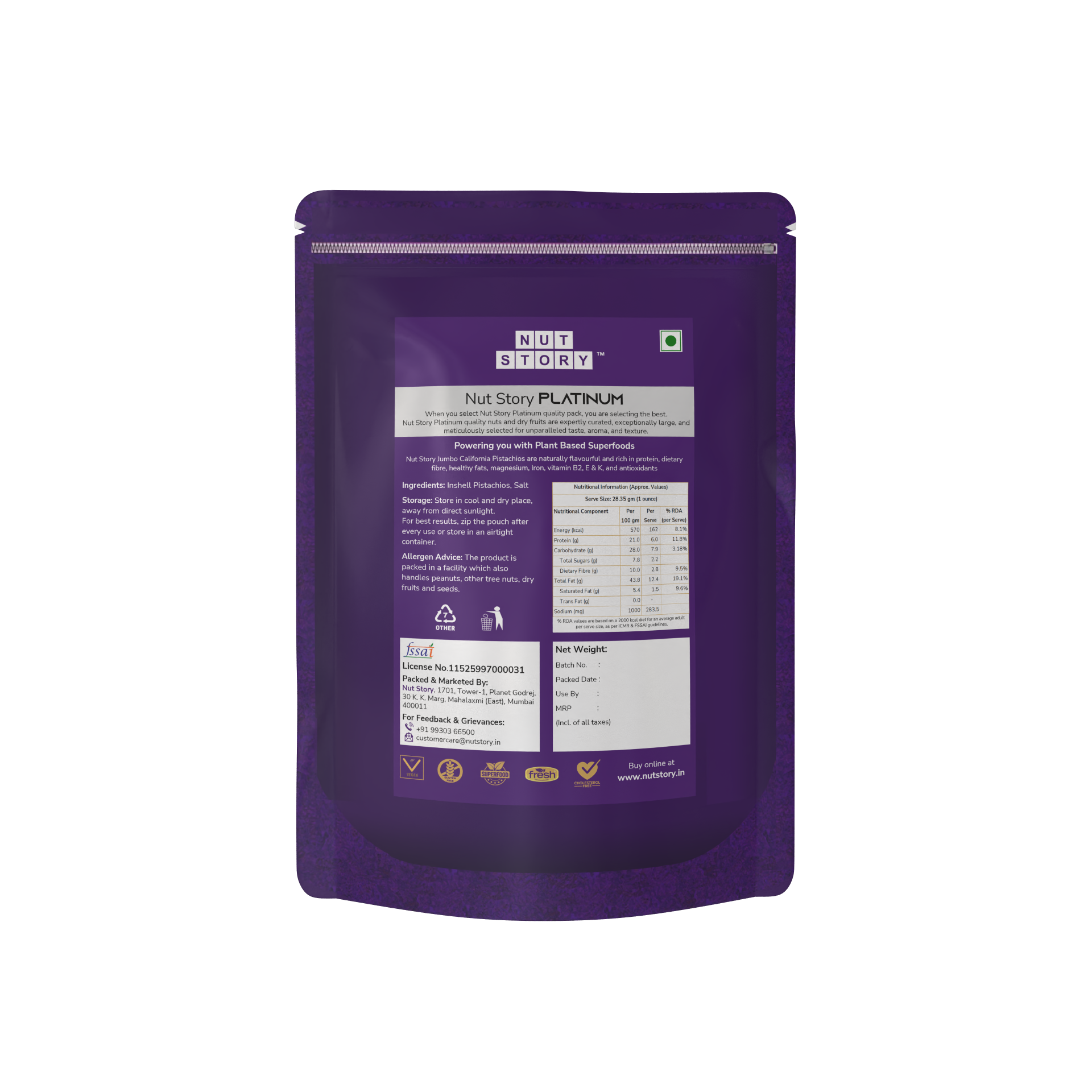 Purple packaging of Nut Story Platinum on a white background