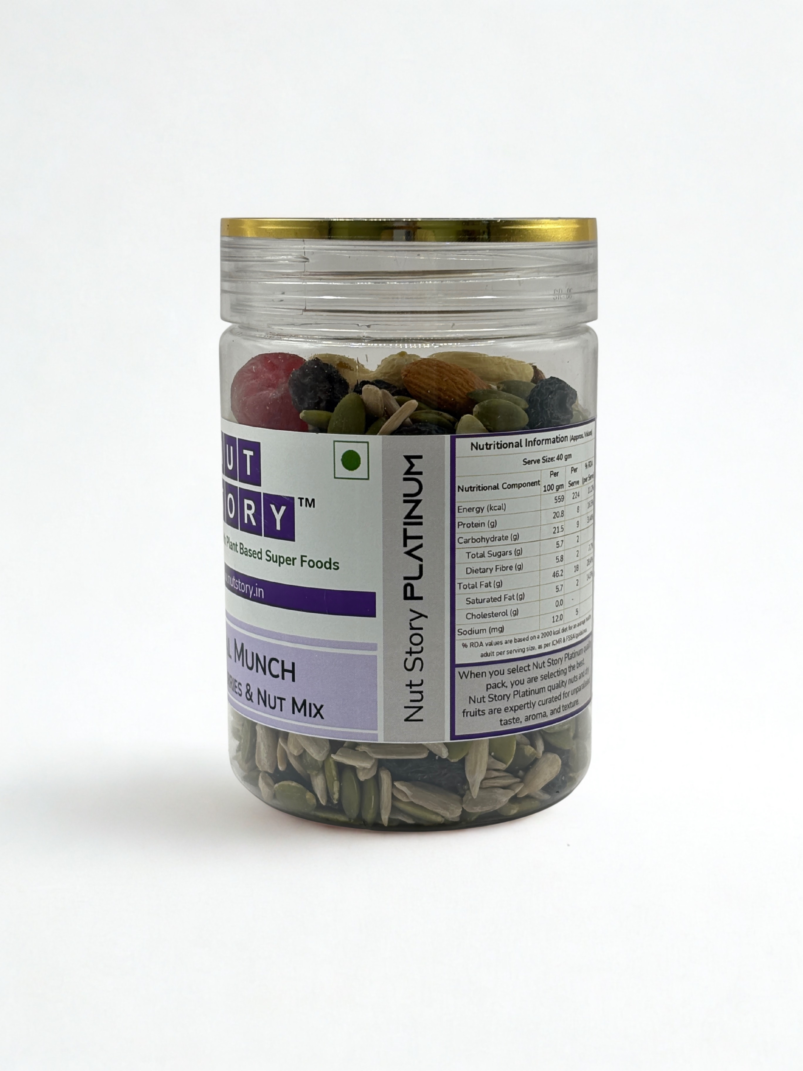 Nut Story Royal Munch jar with six-ingredient breakdown and nutritional highlights on a clean background