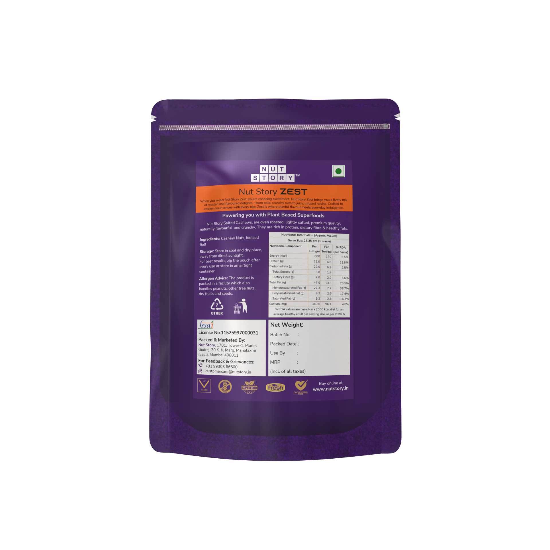 Nut Story Zest Salted Cashews pouch with nutritional highlights on an orange and white background