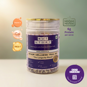 Jar of Nut Story Senior Wellness Trail Mix with nutritional information on a gradient background