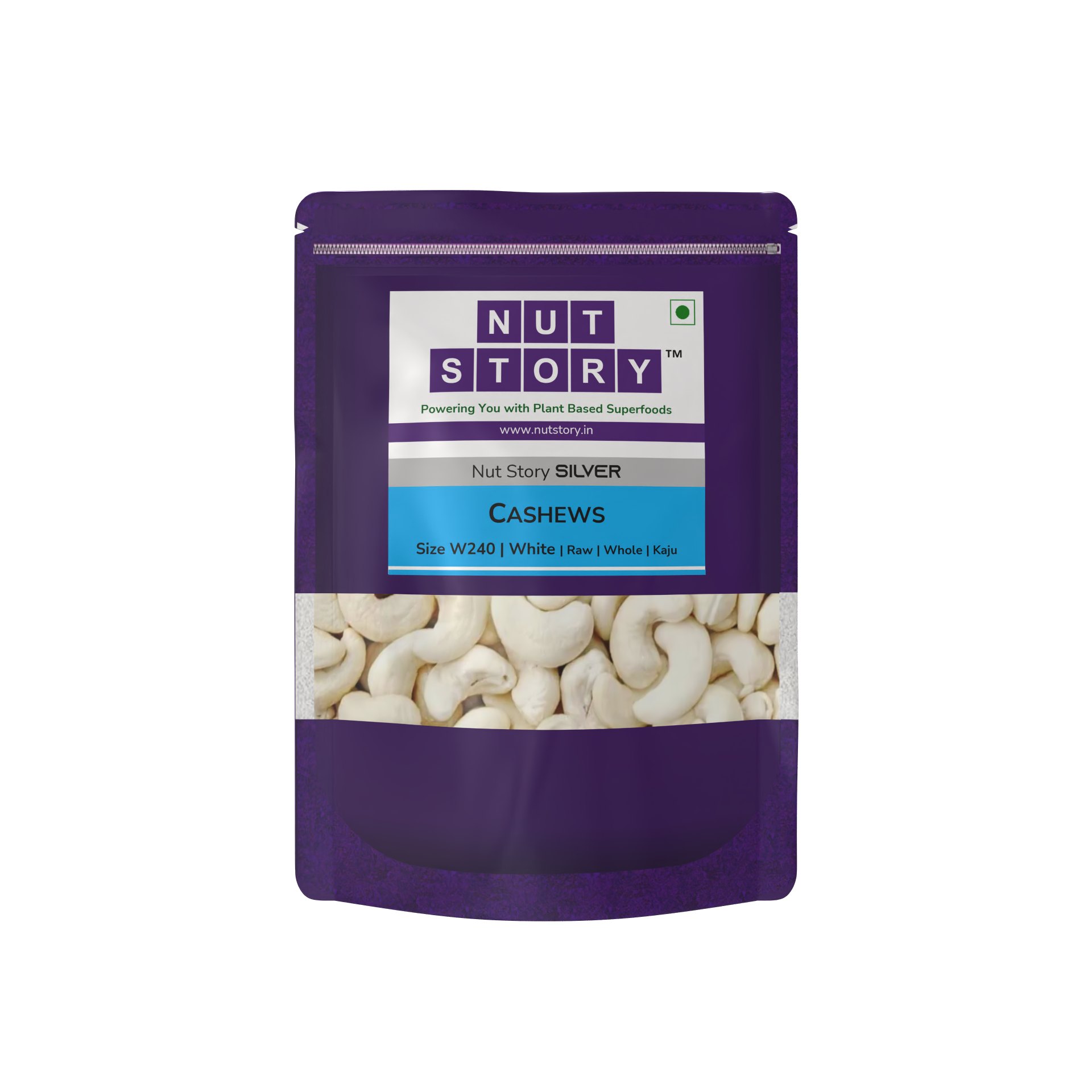 Nut Story Silver Cashews W240 pouch with nutritional highlights on a clean background