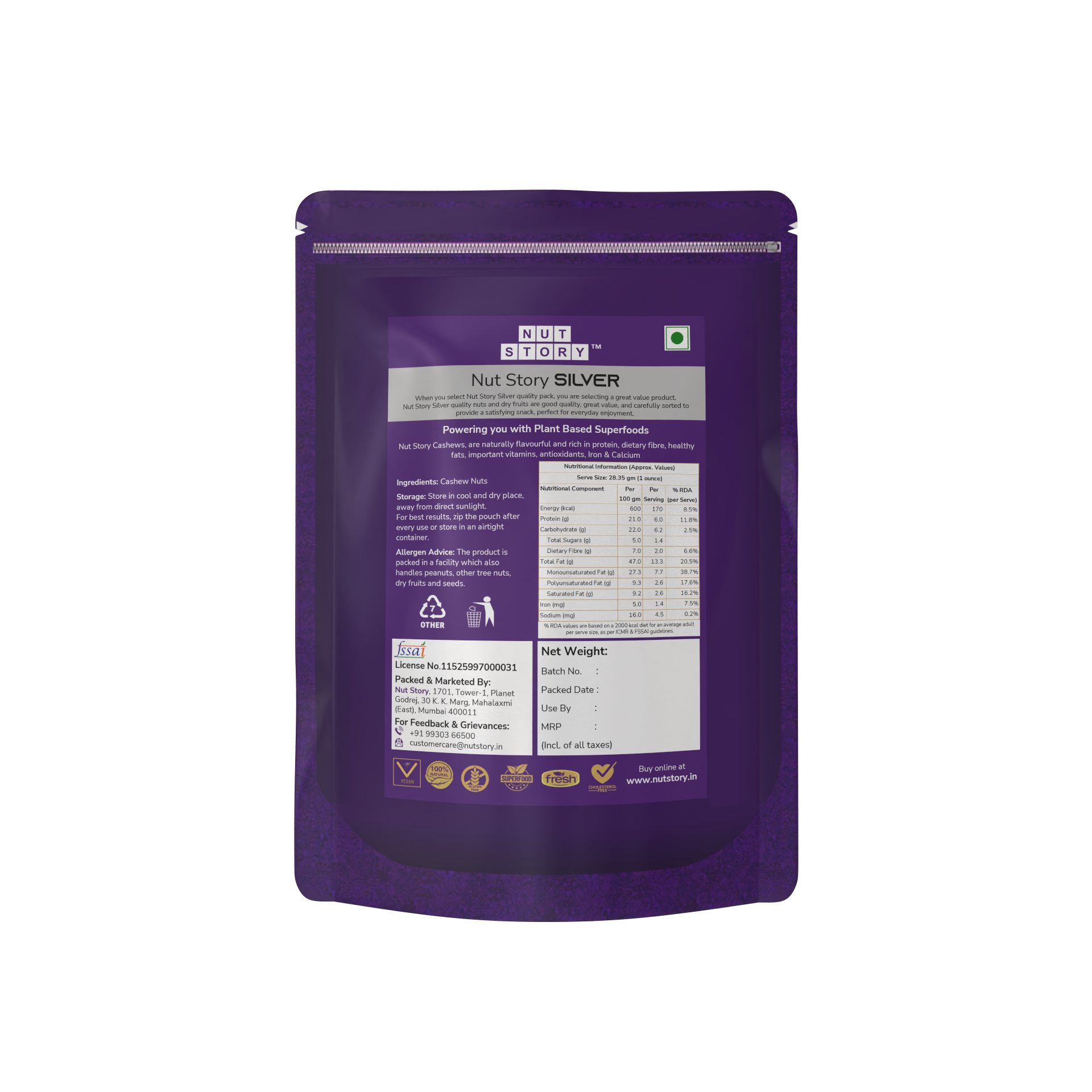 Nut Story Silver Cashews W240 grade information and product features on a white background