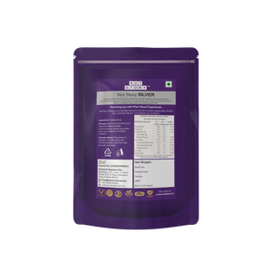 Nut Story Silver Cashews W240 grade information and product features on a white background