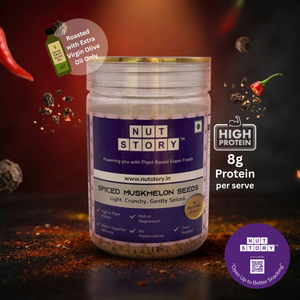 Jar of Nut Story spiced muskmelon seeds with text about protein content on a dark background