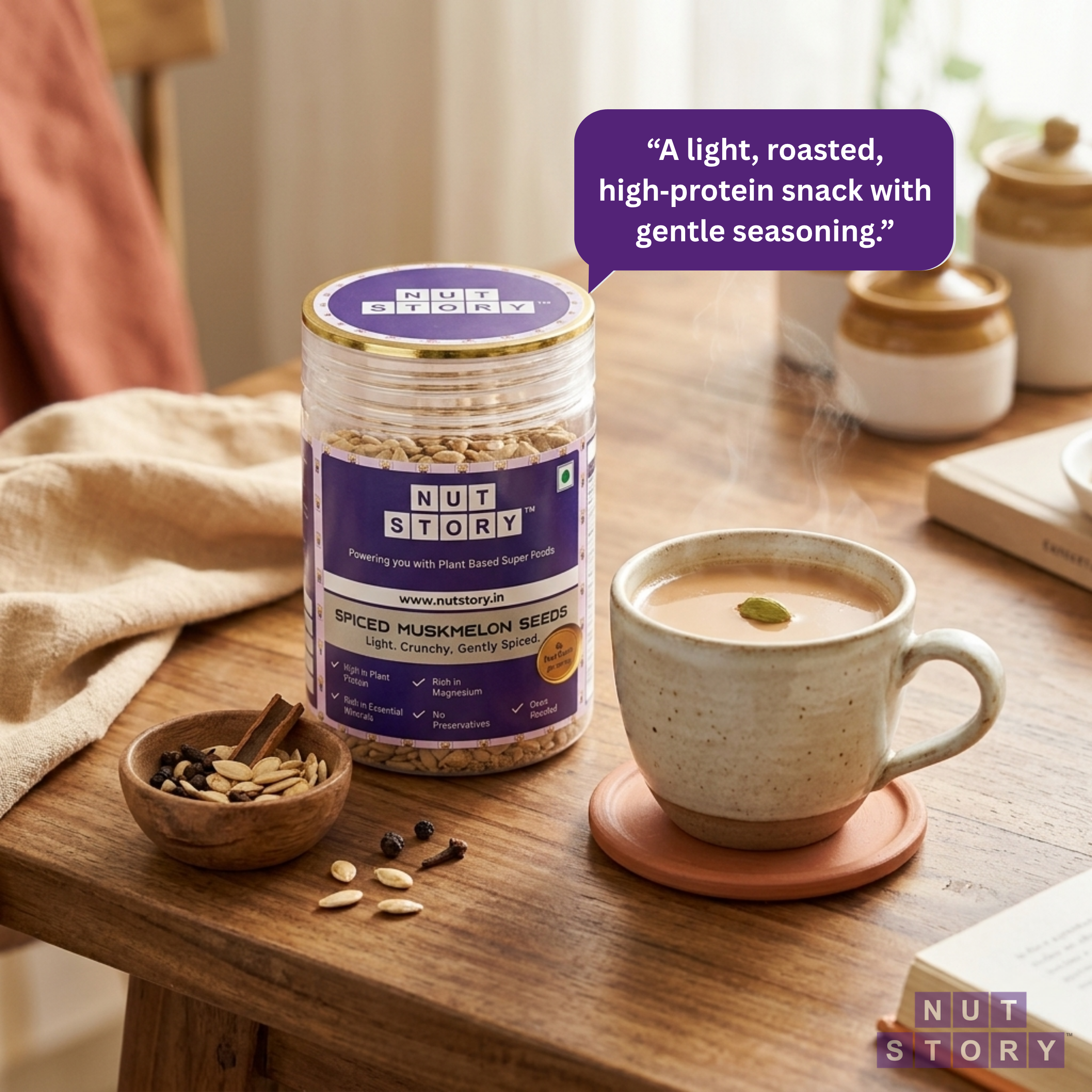 NUT STORY spiced muskmelon seeds jar on a wooden table with a cup of tea and seeds.