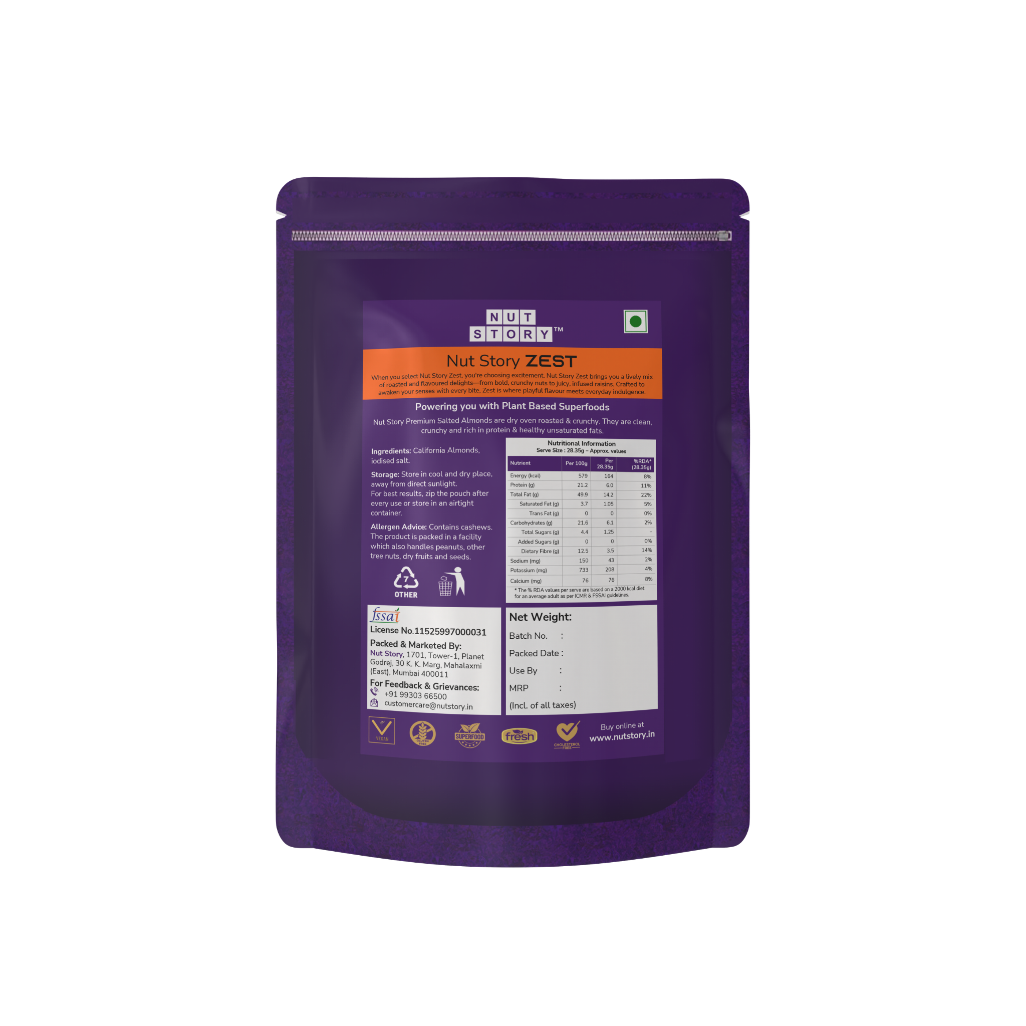 Nut Story Zest Salted Almonds | 🧂 California | Oil-Free Dry Roasted