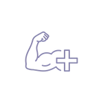 Icon of a flexed bicep with a plus sign, symbolizing health and fitness, without background
